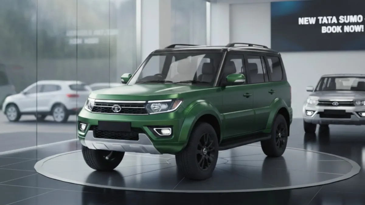 New Tata Sumo 2026 model in premium green color displayed in a modern luxury showroom, featuring a rugged boxy design with LED DRLs and alloy wheels.