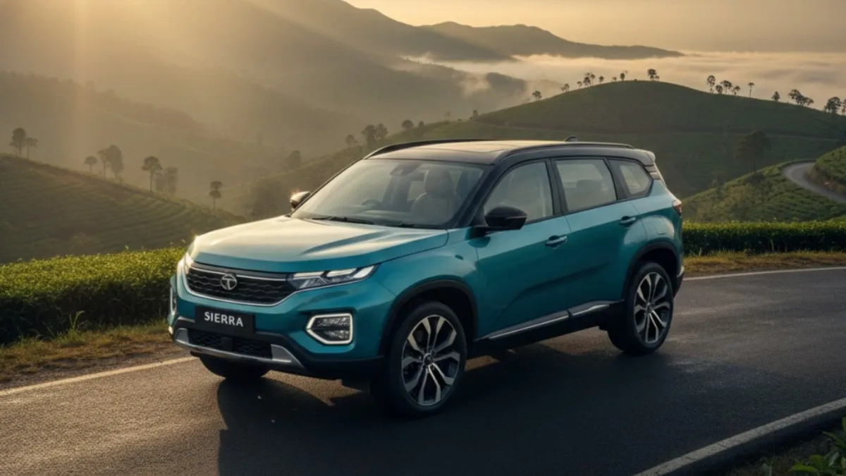 New Tata Sierra 2026 SUV in Munnar Mist color on a scenic mountain road with sunrise background